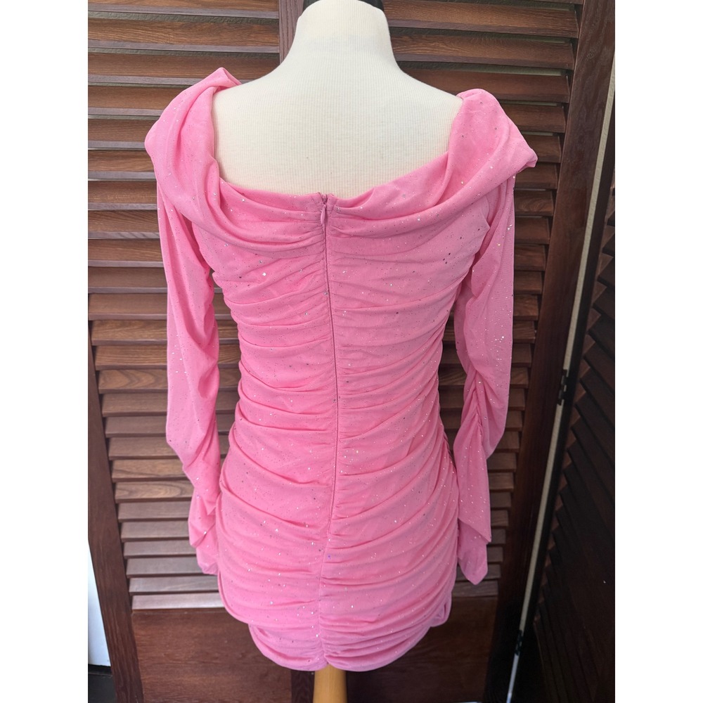 SHEIN Pink Glitter Mesh Ruched Bodycon Mini Dress Long Sleeve Wrap Front XL - Picture 5 of 9
